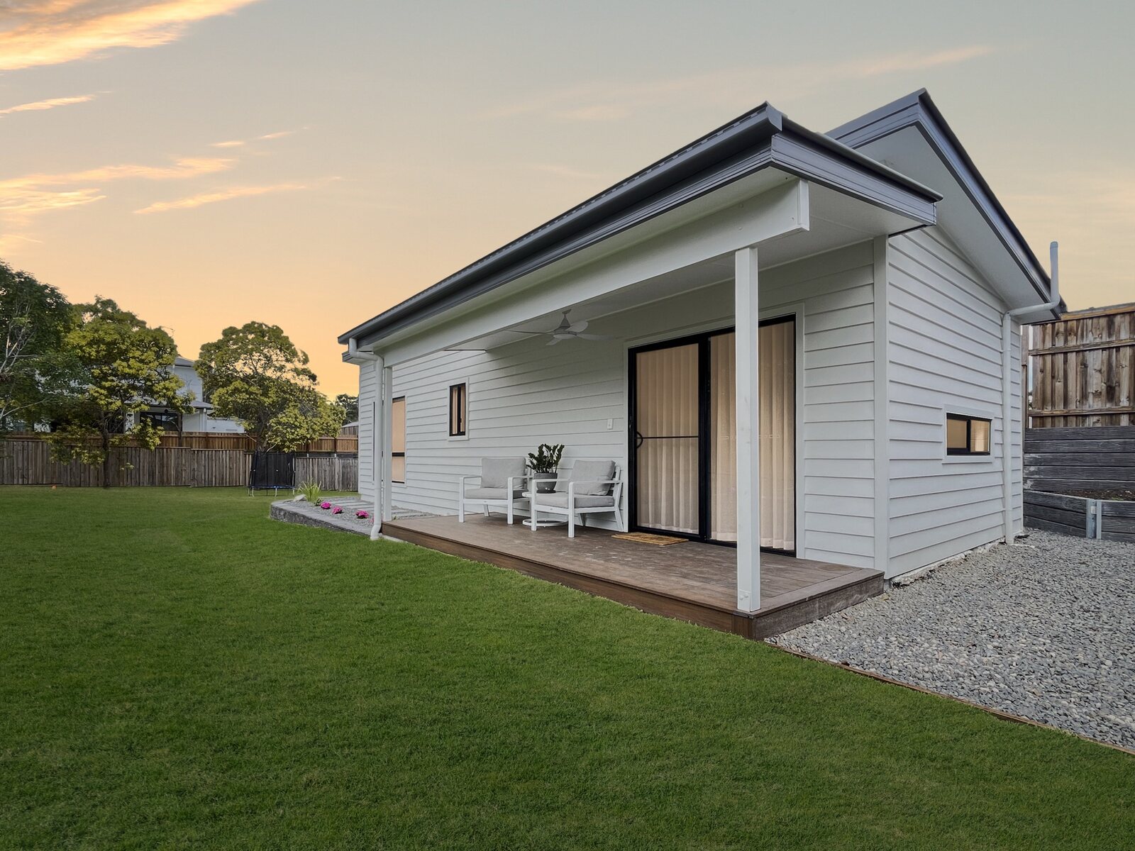 One-bedroom granny flat exterior at dusk
