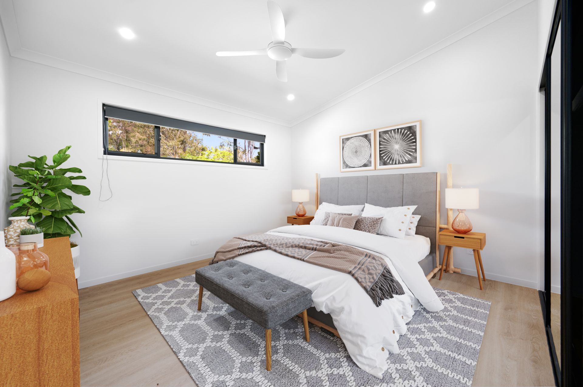 Light-filled, styled bedroom in a KiaDom granny flat