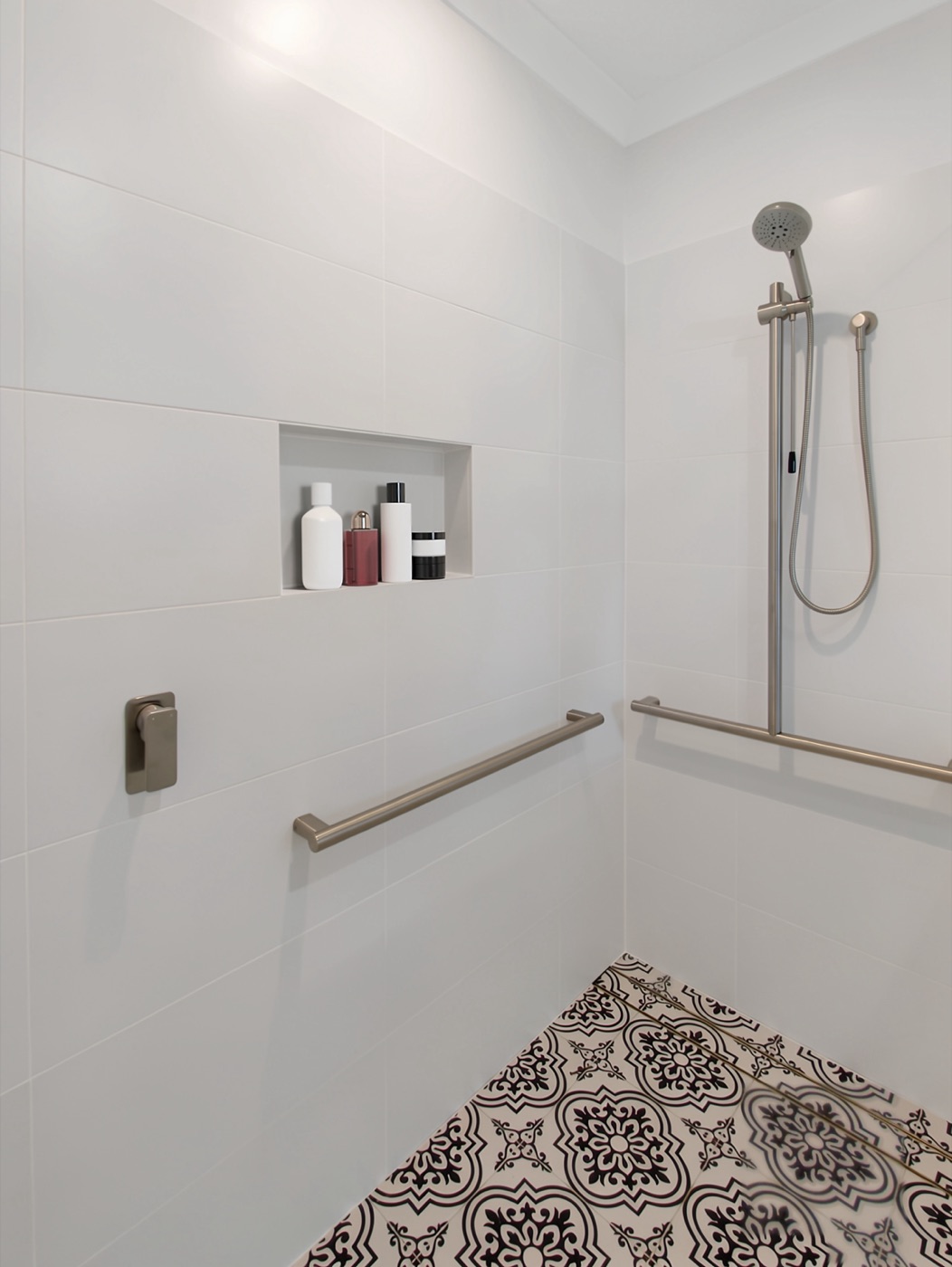 Shower with brushed nickel tapware, Worongary QLD